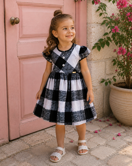Girls' Checked Flutter Sleeve Dress