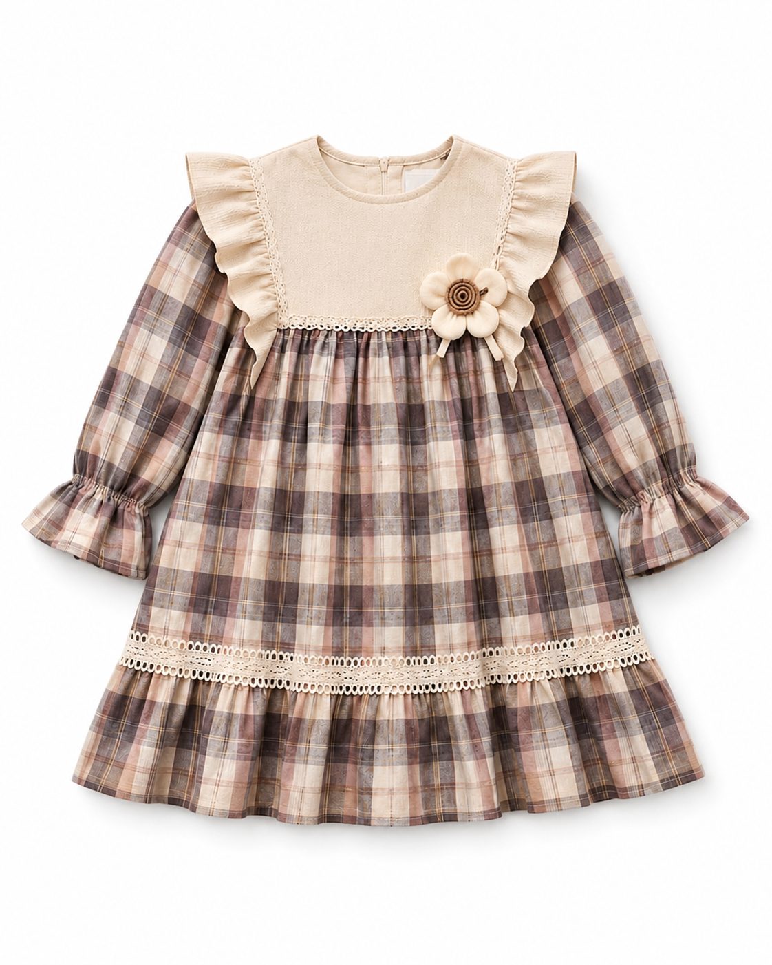 Baby Girls’ Ruffle & Lace Long-Sleeve Dress with Floral Detail