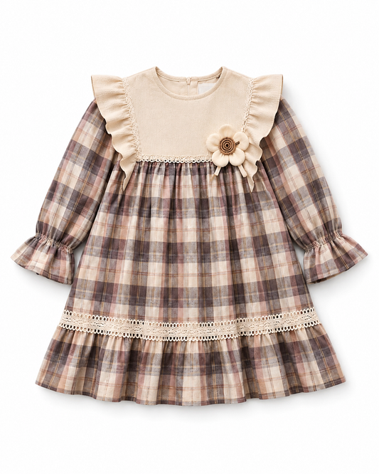 Baby Girls’ Ruffle & Lace Long-Sleeve Dress with Floral Detail