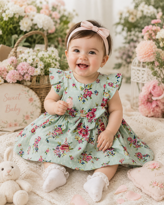 Baby Girls’ Mint Floral Bow Dress