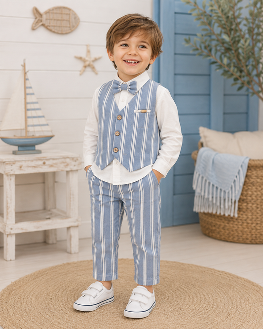 Baby Boys’ Striped Formal, Waistcoat, Trousers & Bow Tie Set