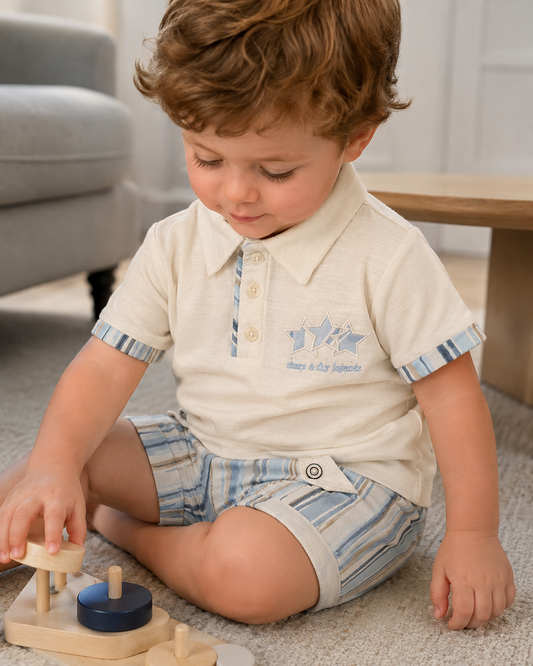 Baby Boys Polo Shirt & Striped Shorts Set Outfit
