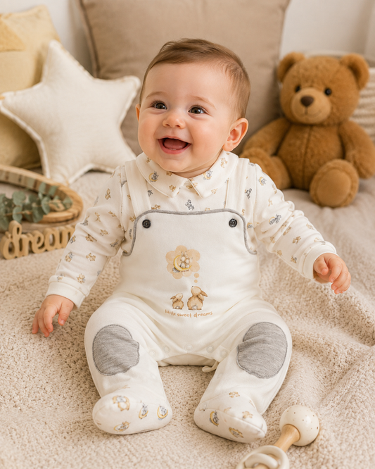 Printed Collared Baby Romper with Bunny Design