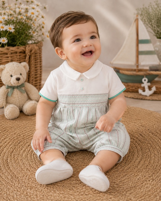 Baby Boys’ Patterned Shirt-Collar Cotton Romper