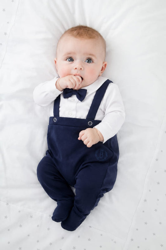Baby Boys’ Elegant Bow Tie & Suspender Footed Romper