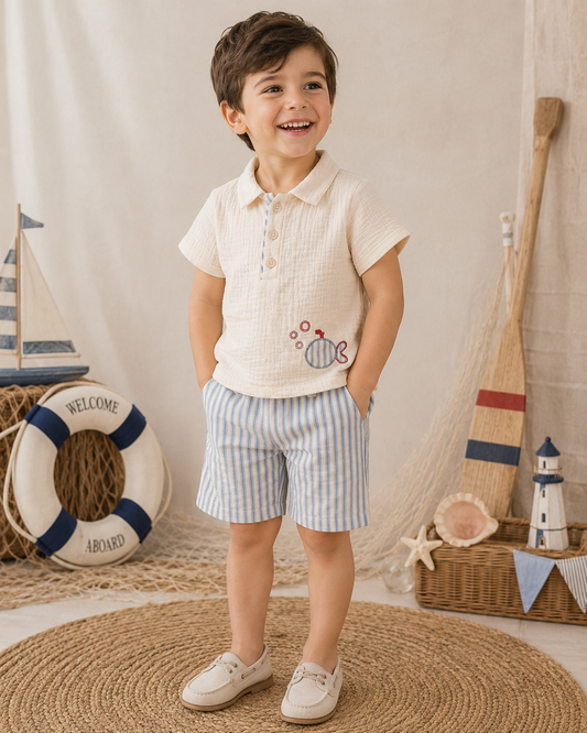 Baby Boys’ Textured Polo & Striped Shorts Set