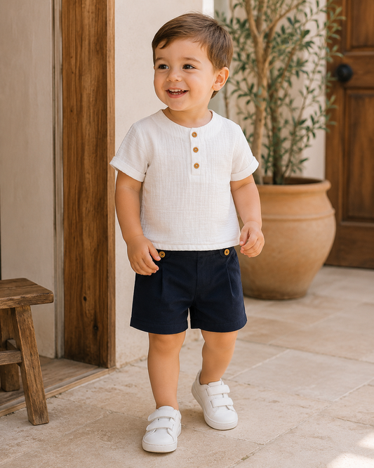 Muslin Short Sleeve Baby Shirt & Navy Shorts Set
