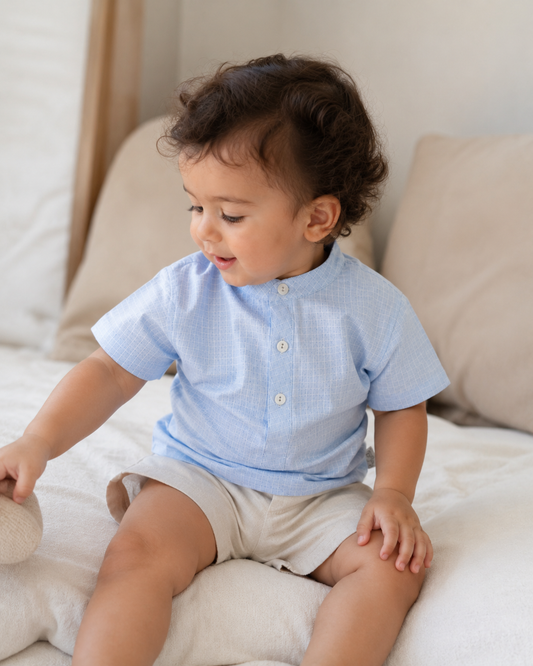 Baby Boys Mandarin Collar Cotton Shirt – Short Sleeve