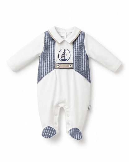Baby Boys’ Sailboat Embroidered Footed Romper with Striped Vest Detail