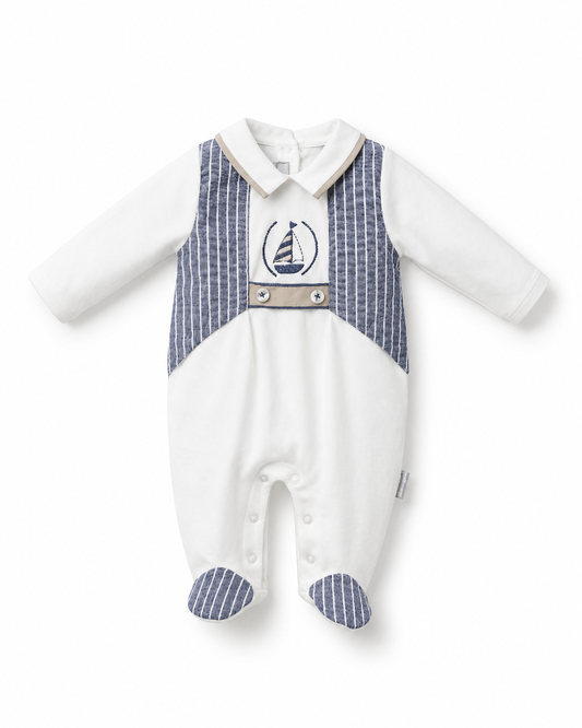 Baby Boys’ Sailboat Embroidered Footed Romper with Striped Vest Detail