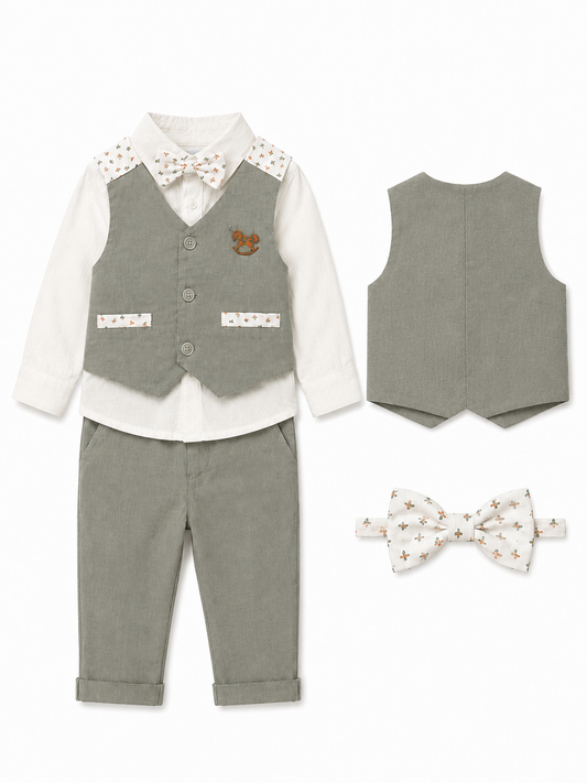 Boys’ 4-Piece Formal Vest Set with Bow Tie – Long Sleeve Shirt & Trousers