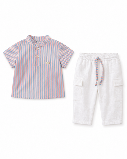 Baby Boys’ Striped Shirt & White Cargo Pants Set