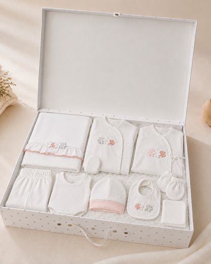 Floral-Detail 100% Cotton 10-Piece Newborn Layette Set Box