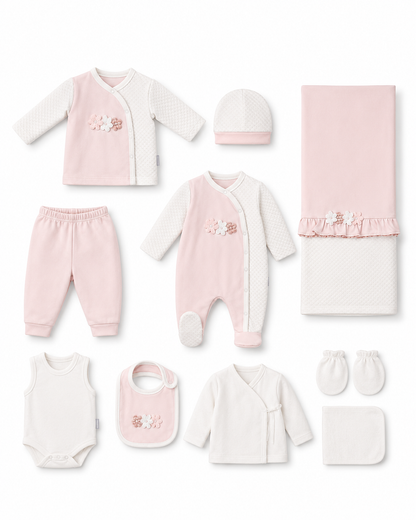Floral-Detail 100% Cotton 10-Piece Newborn Layette Set Box