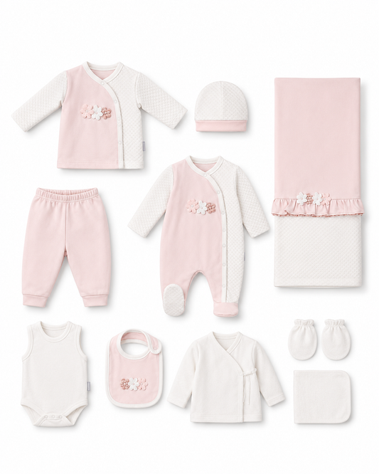Newborn Girl Elegant Floral Romper Essentials Set