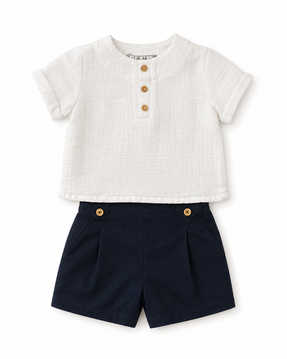 Muslin Short Sleeve Baby Shirt & Navy Shorts Set