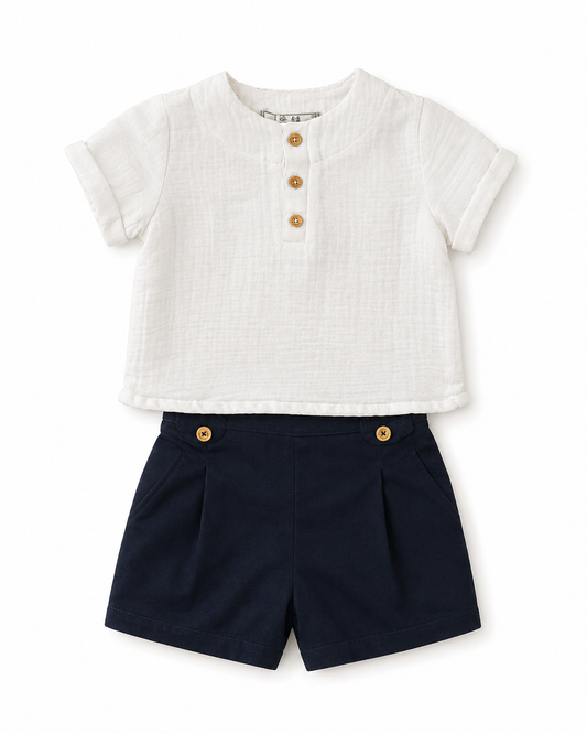 Muslin Short Sleeve Baby Shirt & Navy Shorts Set