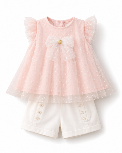 Baby Girls’ Dotted Tulle Bow Top & Shorts 2-Piece Set