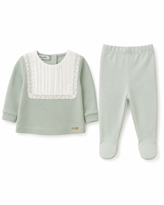 Newborn 2-Piece Footed Set – Lace Bib Top & Footed Pants (0–3 Months)