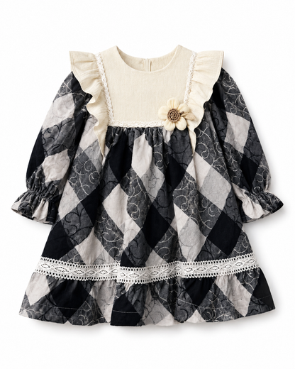 Baby Girls’ Ruffle & Lace Long-Sleeve Dress with Floral Detail
