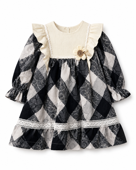 Baby Girls’ Ruffle & Lace Long-Sleeve Dress with Floral Detail