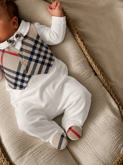 Baby Boys’ Formal Plaid Vest & Bow Tie Footed Romper