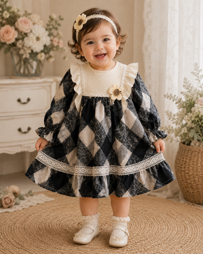 Baby Girls’ Ruffle & Lace Long-Sleeve Dress with Floral Detail