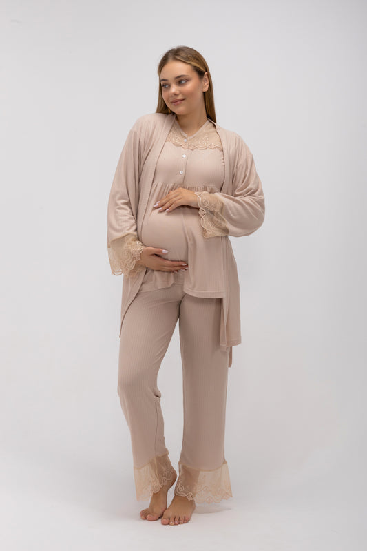 Maternity & Postpartum 3-Piece Ribbed Nursing Lounge Set with Delicate Lace Trim