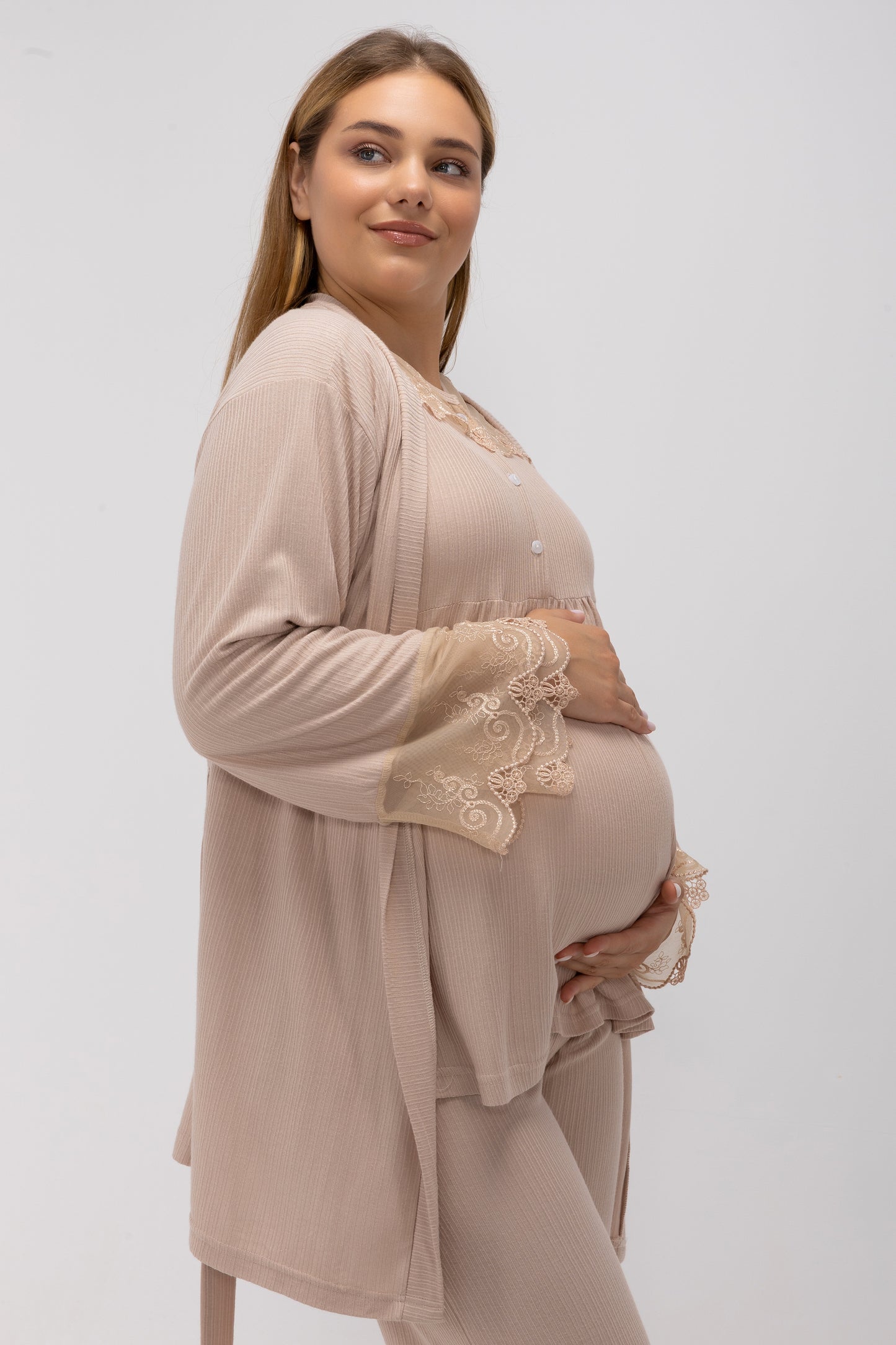 Maternity & Postpartum 3-Piece Ribbed Nursing Lounge Set with Delicate Lace Trim