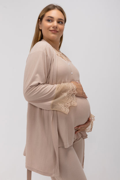 Maternity & Postpartum 3-Piece Ribbed Nursing Lounge Set with Delicate Lace Trim