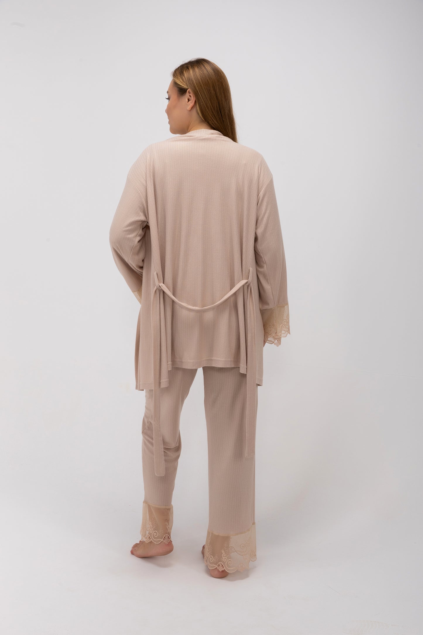Maternity & Postpartum 3-Piece Ribbed Nursing Lounge Set with Delicate Lace Trim