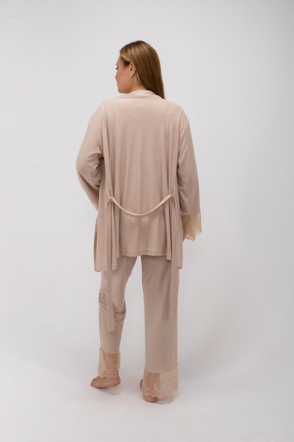 Maternity & Postpartum 3-Piece Ribbed Nursing Lounge Set with Delicate Lace Trim