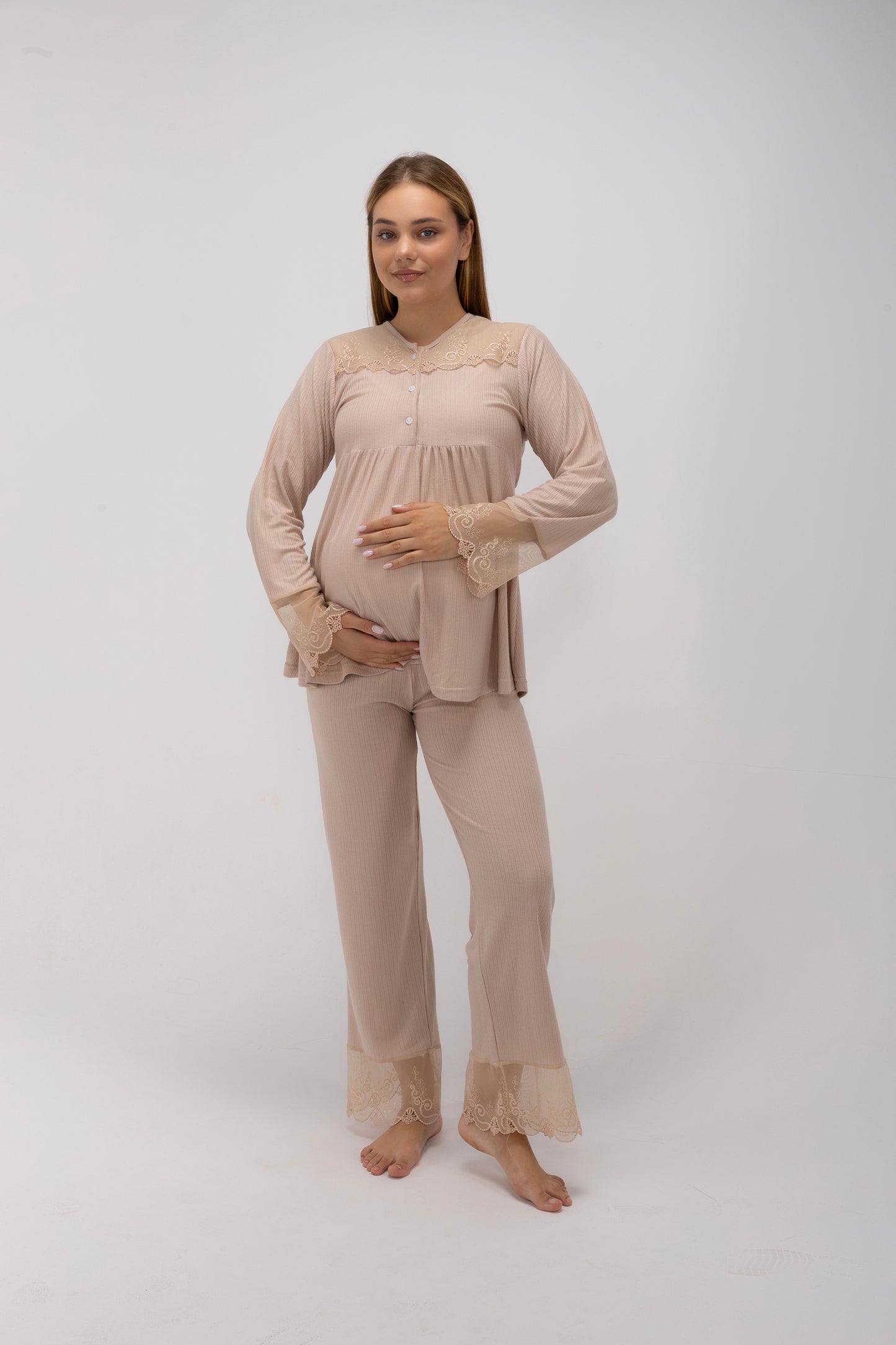 Maternity & Postpartum 3-Piece Ribbed Nursing Lounge Set with Delicate Lace Trim