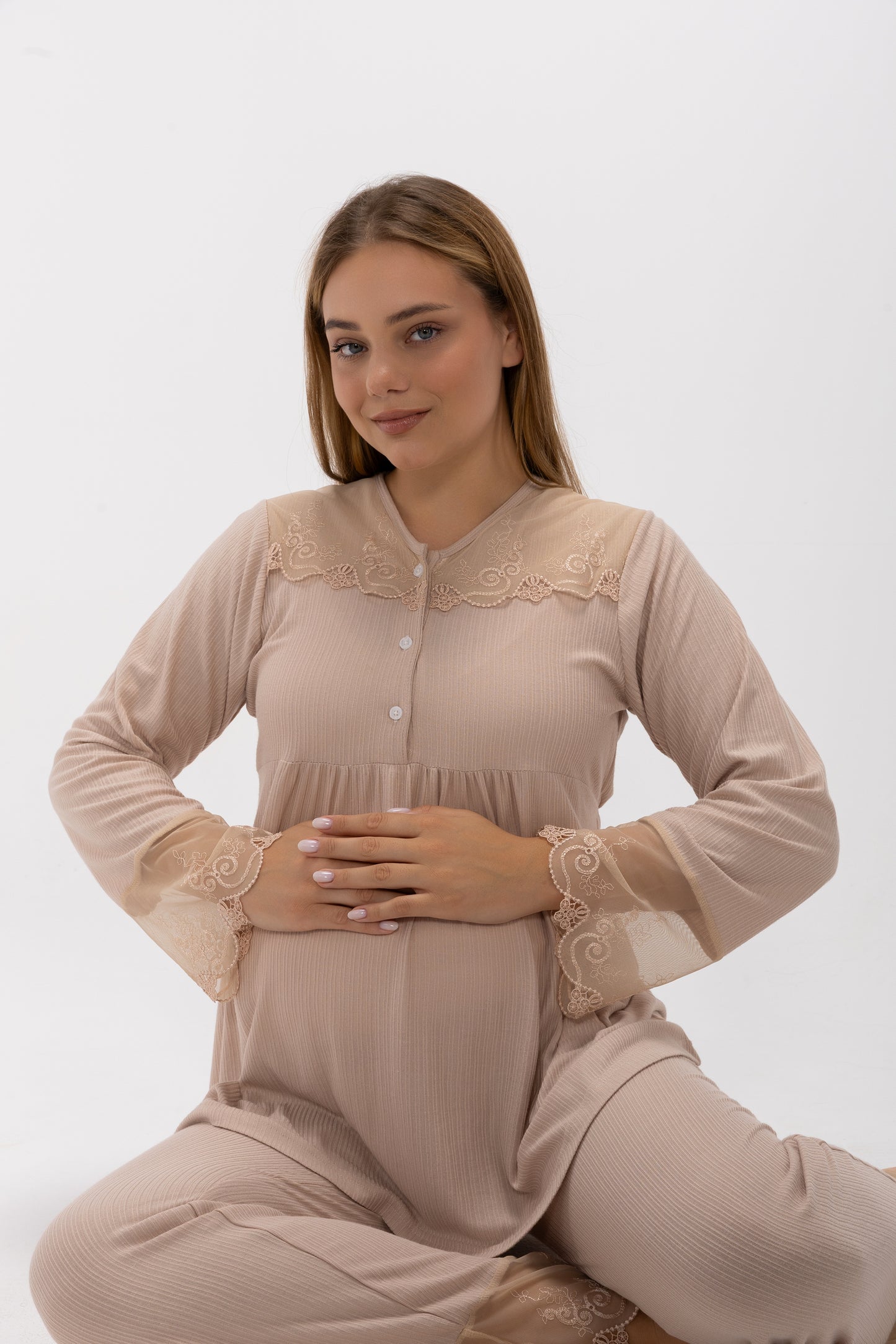 Maternity & Postpartum 3-Piece Ribbed Nursing Lounge Set with Delicate Lace Trim
