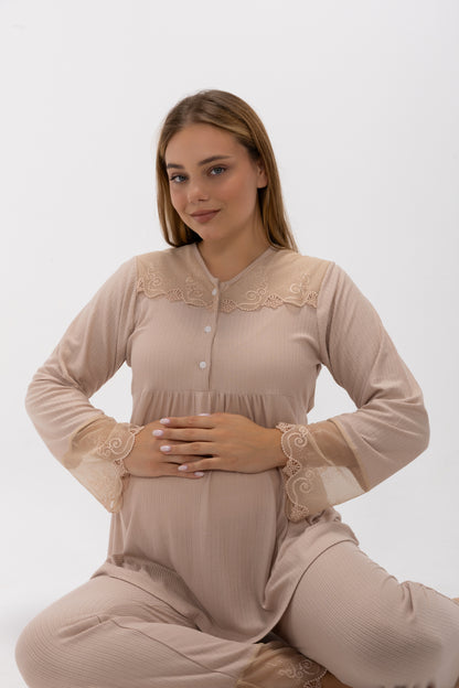 Maternity & Postpartum 3-Piece Ribbed Nursing Lounge Set with Delicate Lace Trim