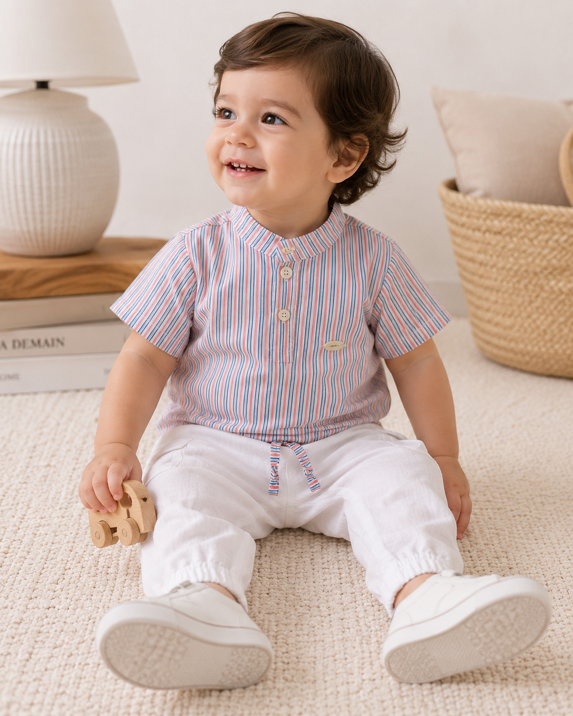 Baby Boys’ Striped Shirt & White Cargo Pants Set