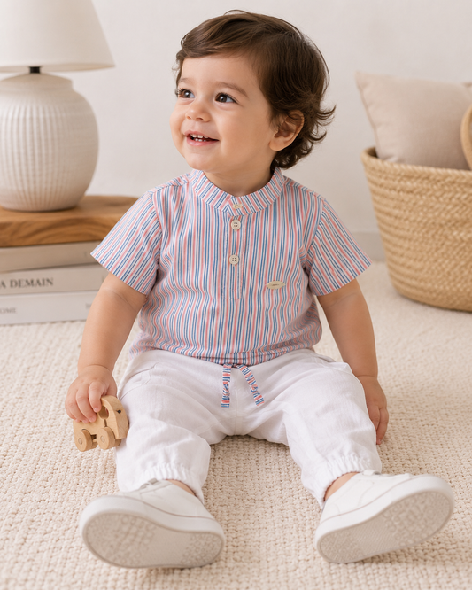 Baby Boys’ Striped Shirt & White Cargo Pants Set