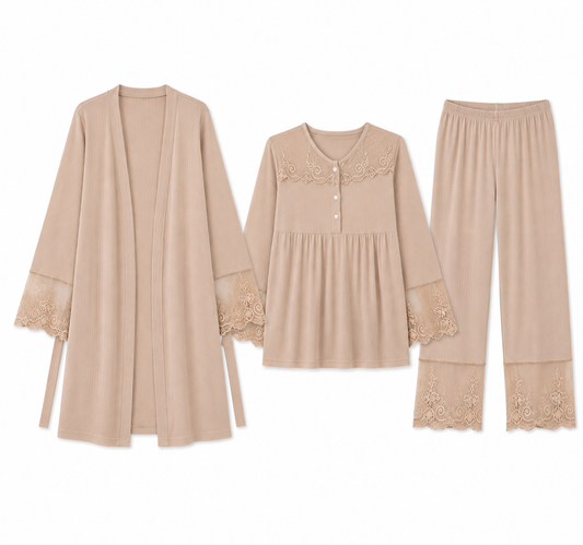 Maternity & Postpartum 3-Piece Ribbed Nursing Lounge Set with Delicate Lace Trim