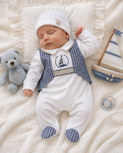 Baby Boys’ Sailboat Embroidered Footed Romper with Striped Vest Detail