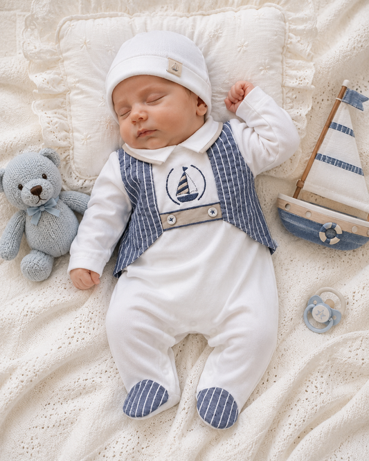 Baby Boys’ Sailboat Embroidered Footed Romper with Striped Vest Detail