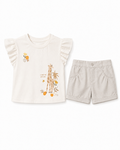 2-Piece Girl Outfit – Giraffe Print Top & Woven Shorts