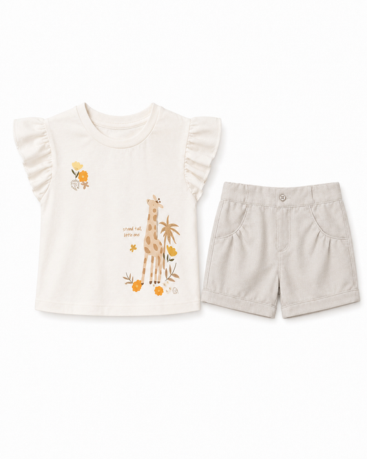 2-Piece Girl Outfit – Giraffe Print Top & Woven Shorts