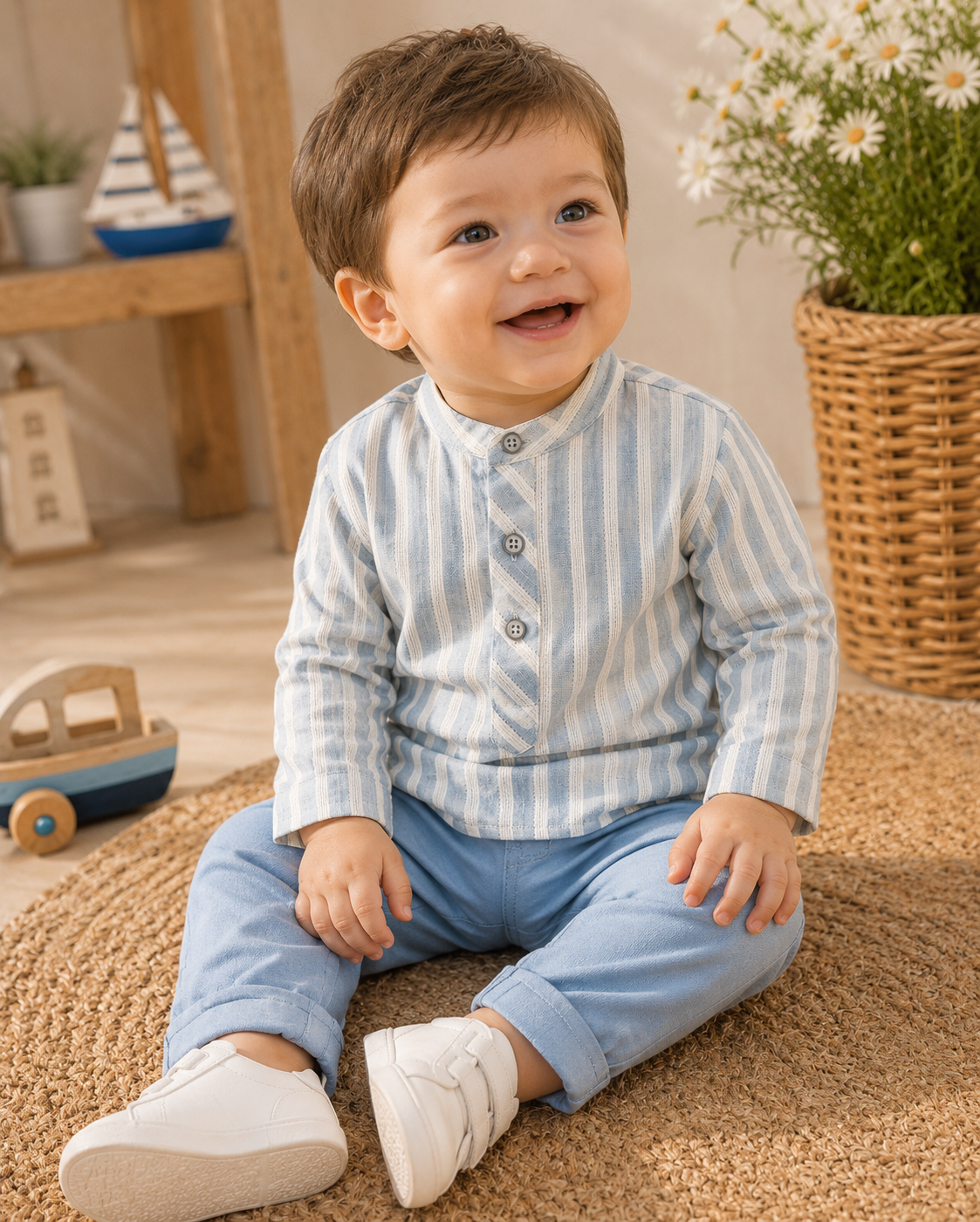 Baby Boys Striped Mandarin Collar Shirt