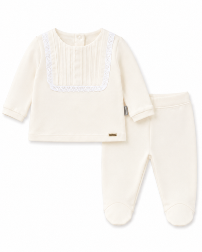 Newborn 2-Piece Footed Set – Lace Bib Top & Footed Pants (0–3 Months)