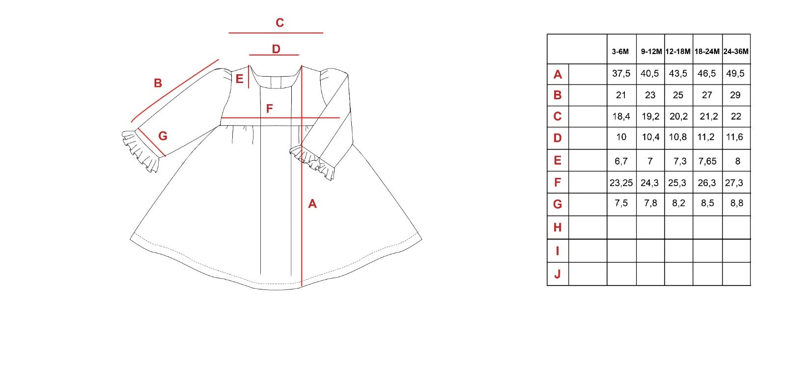 Tulle detailed special occasions’ dress size chart